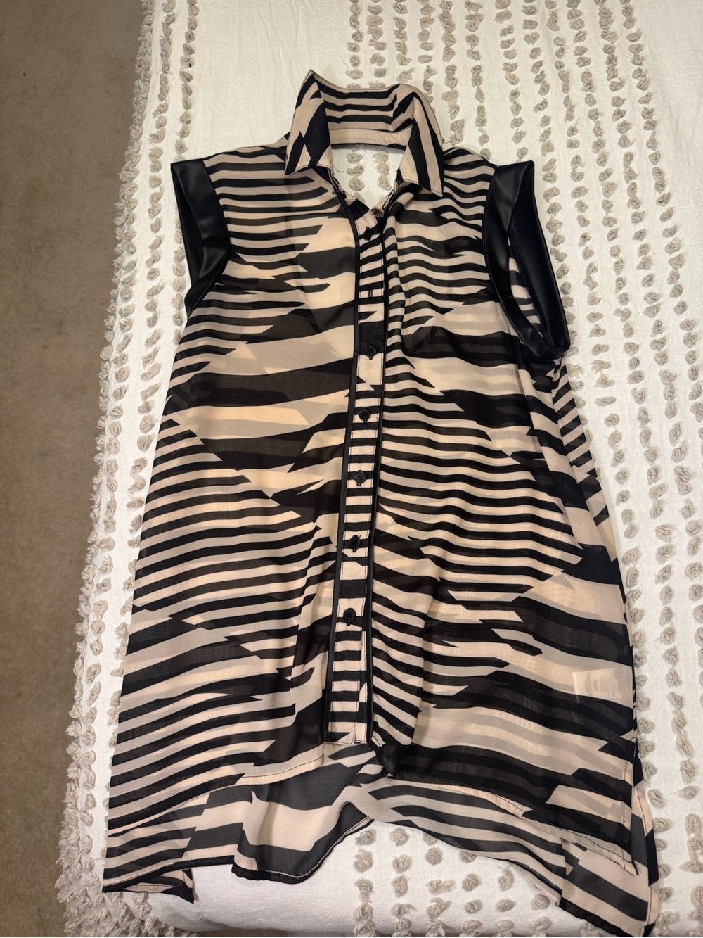 Material Girl Black and Beige Sheer Striped Sleeveless Button-Down Shirt